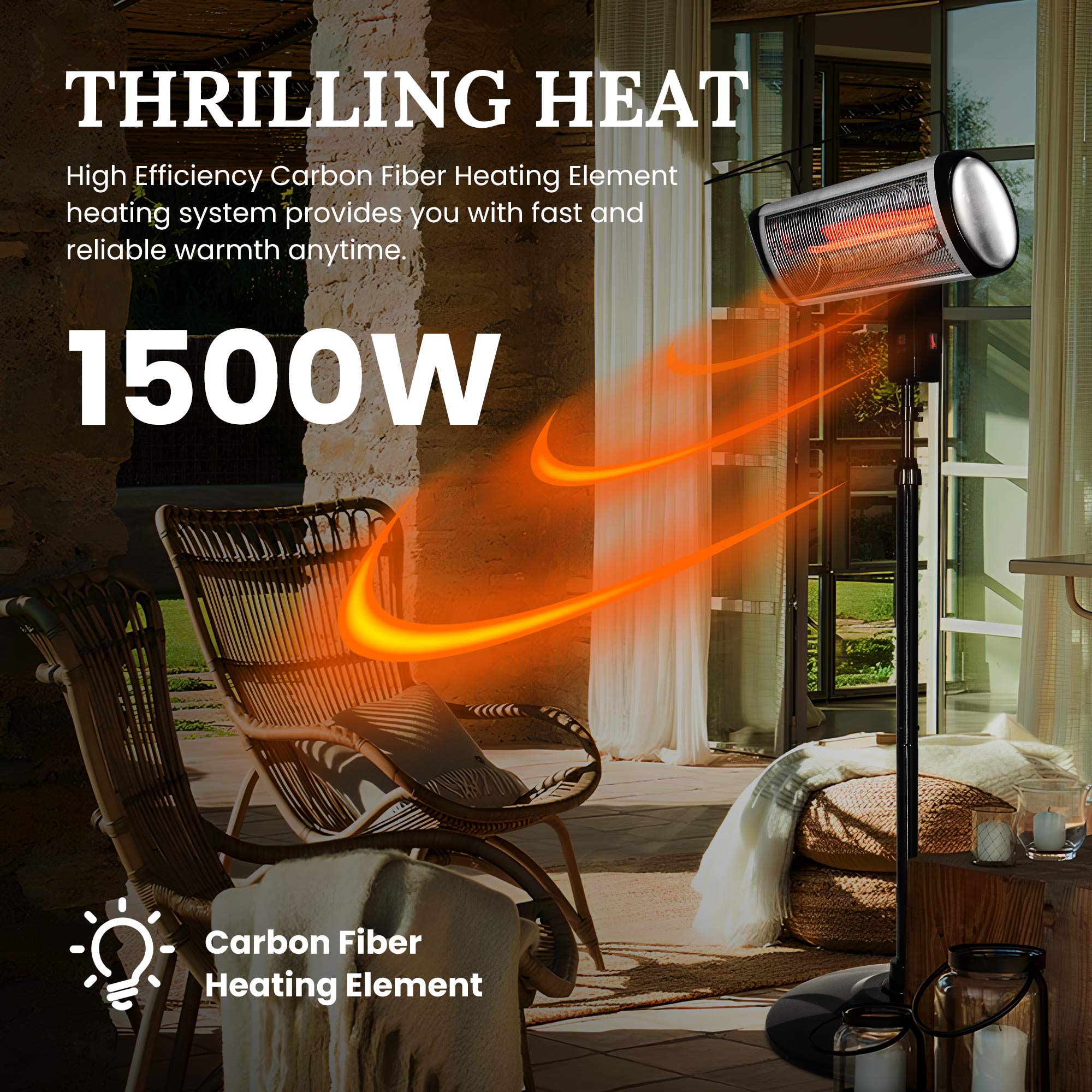 Electric Heater, Patio Heater Stand for Outdoors with 3 Heat Settings and Floor-Standing Design