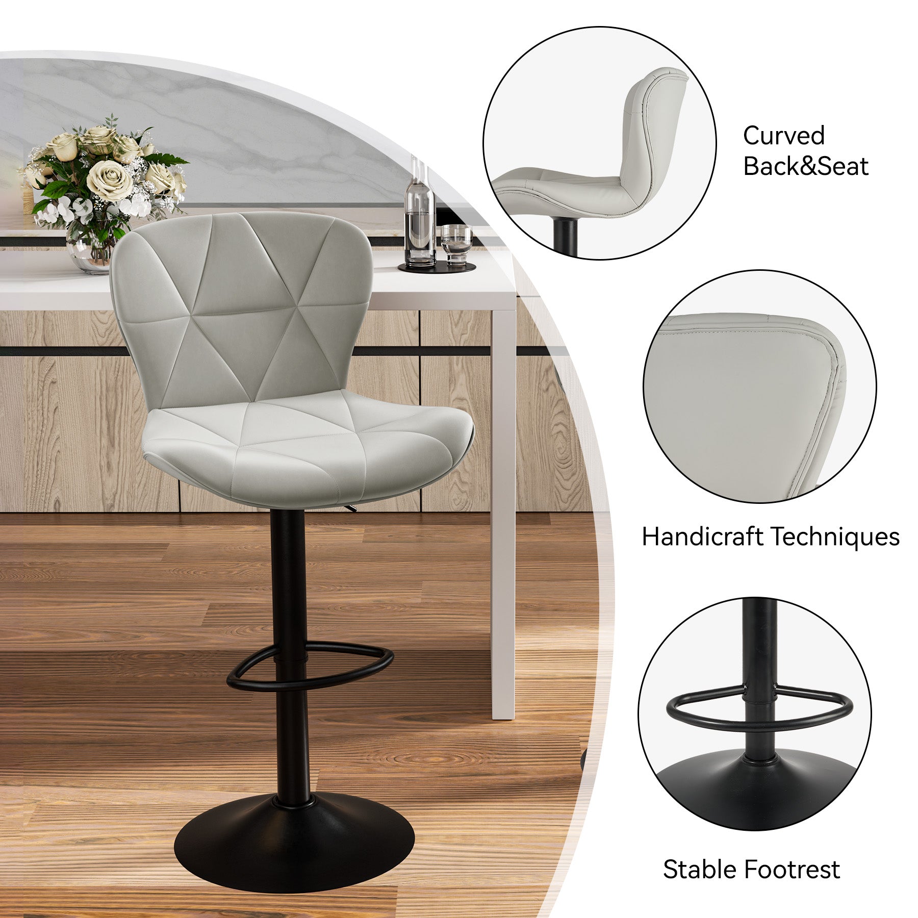 Set of 2 Adjustable Faux Leather Swivel Bar Stools for Kitchen Island  - FU01034