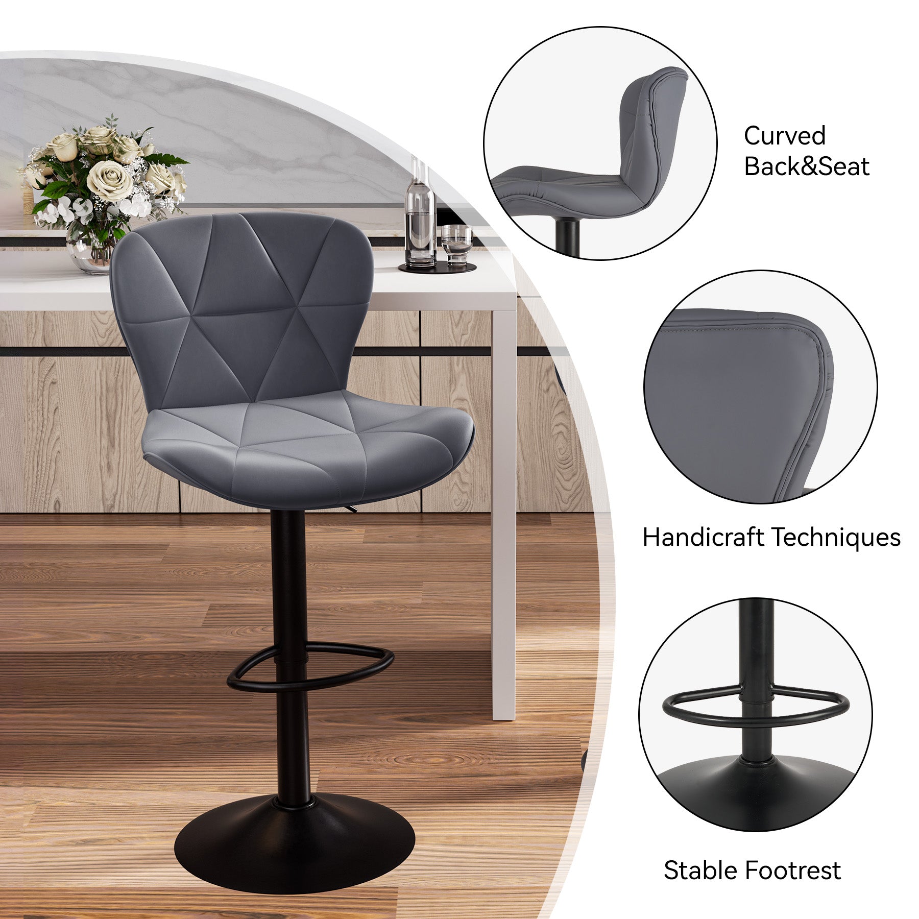 Set of 2 Adjustable Faux Leather Swivel Bar Stools for Kitchen Island  - FU01034