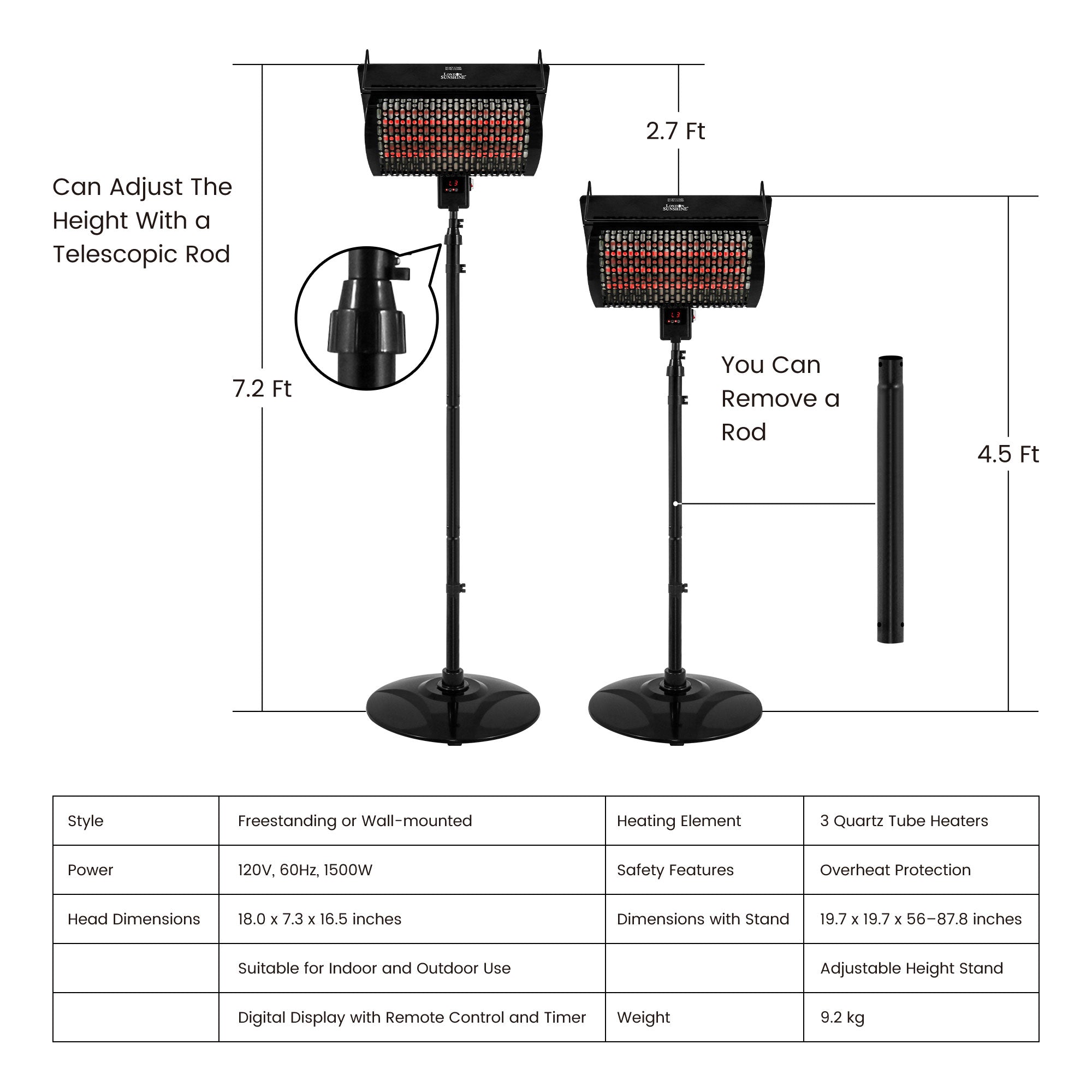 Patio Floor Electric Heater, Patio Heater Stand for Outdoors with 3 Heat Settings