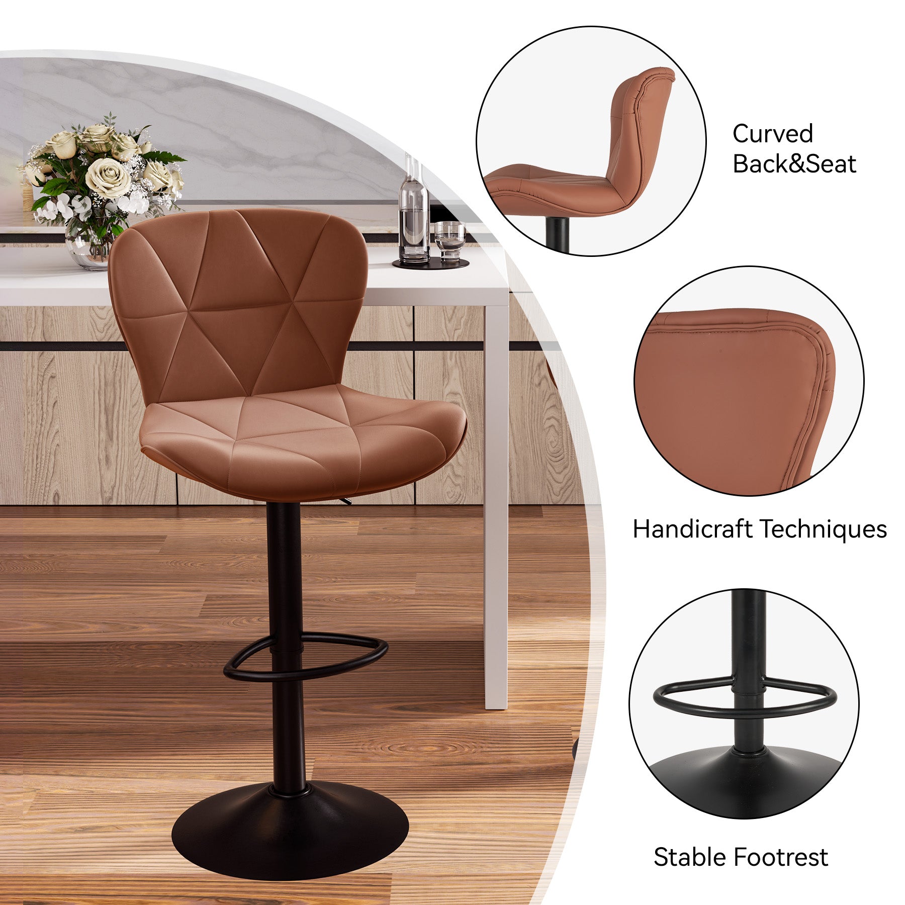 Set of 2 Adjustable Faux Leather Swivel Bar Stools for Kitchen Island  - FU01034