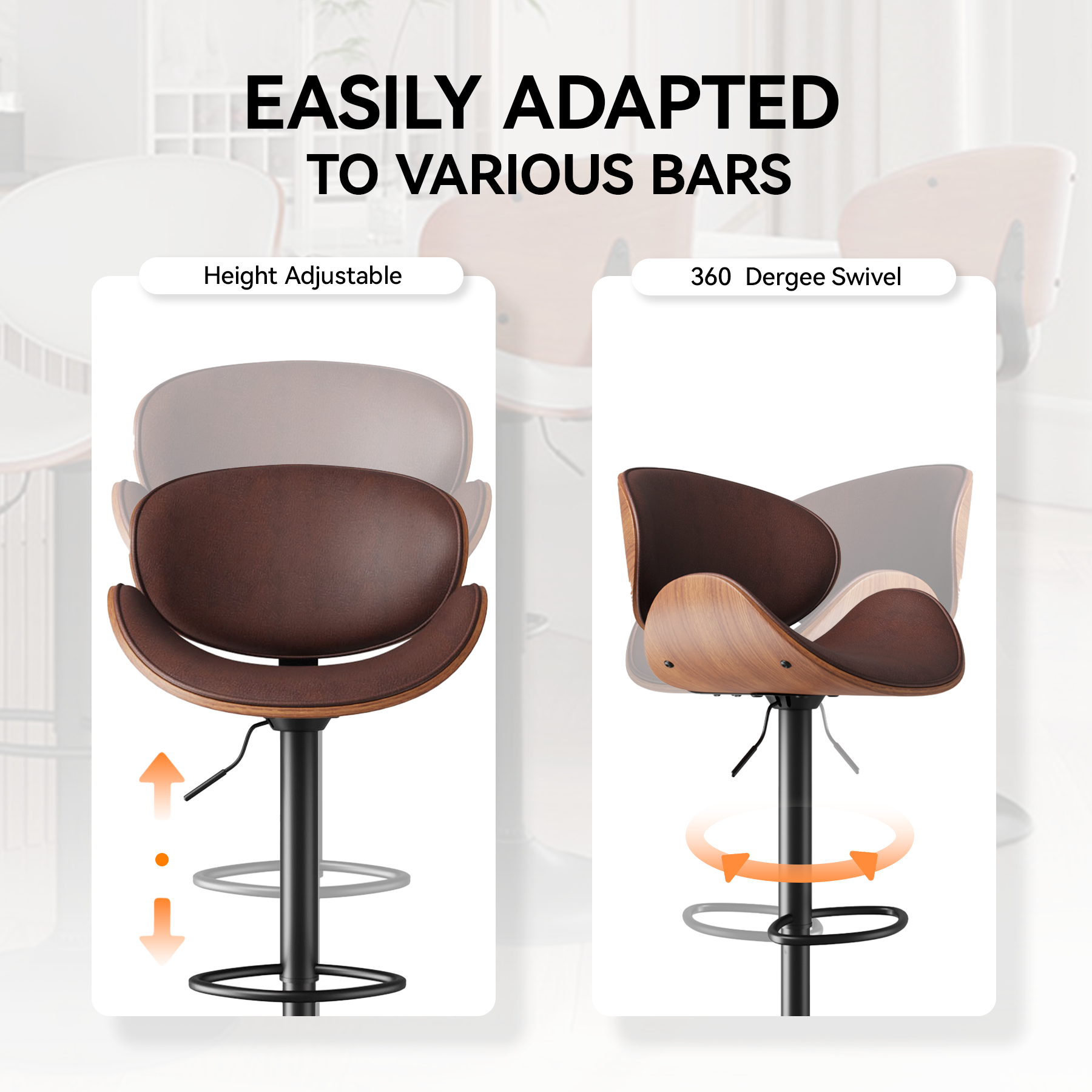 Adjustable Height Swivel Bar Stools - Modern Design with Comfortable Padded Seat and Ergonomic Backrest for Kitchen, Dining Room, and Home Bar (White, Set of 2)