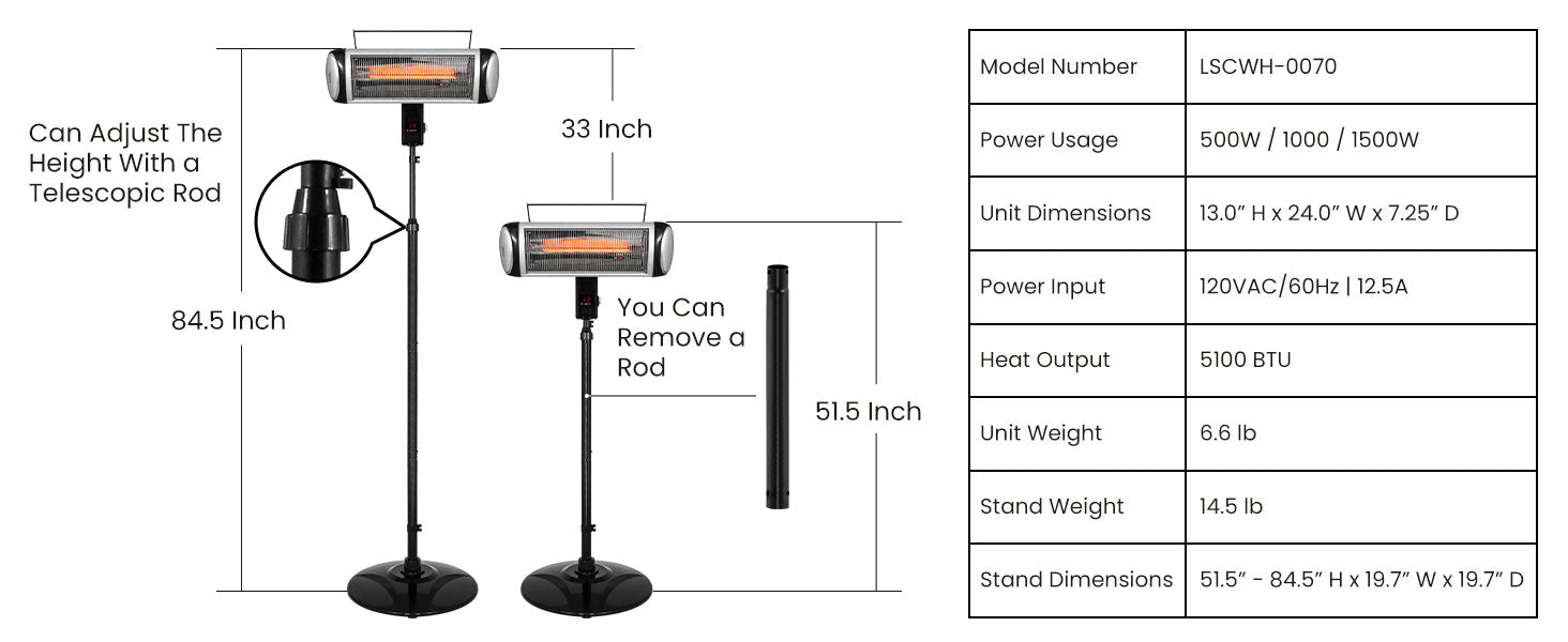 Electric Heater, Patio Heater Stand for Outdoors with 3 Heat Settings and Floor-Standing Design