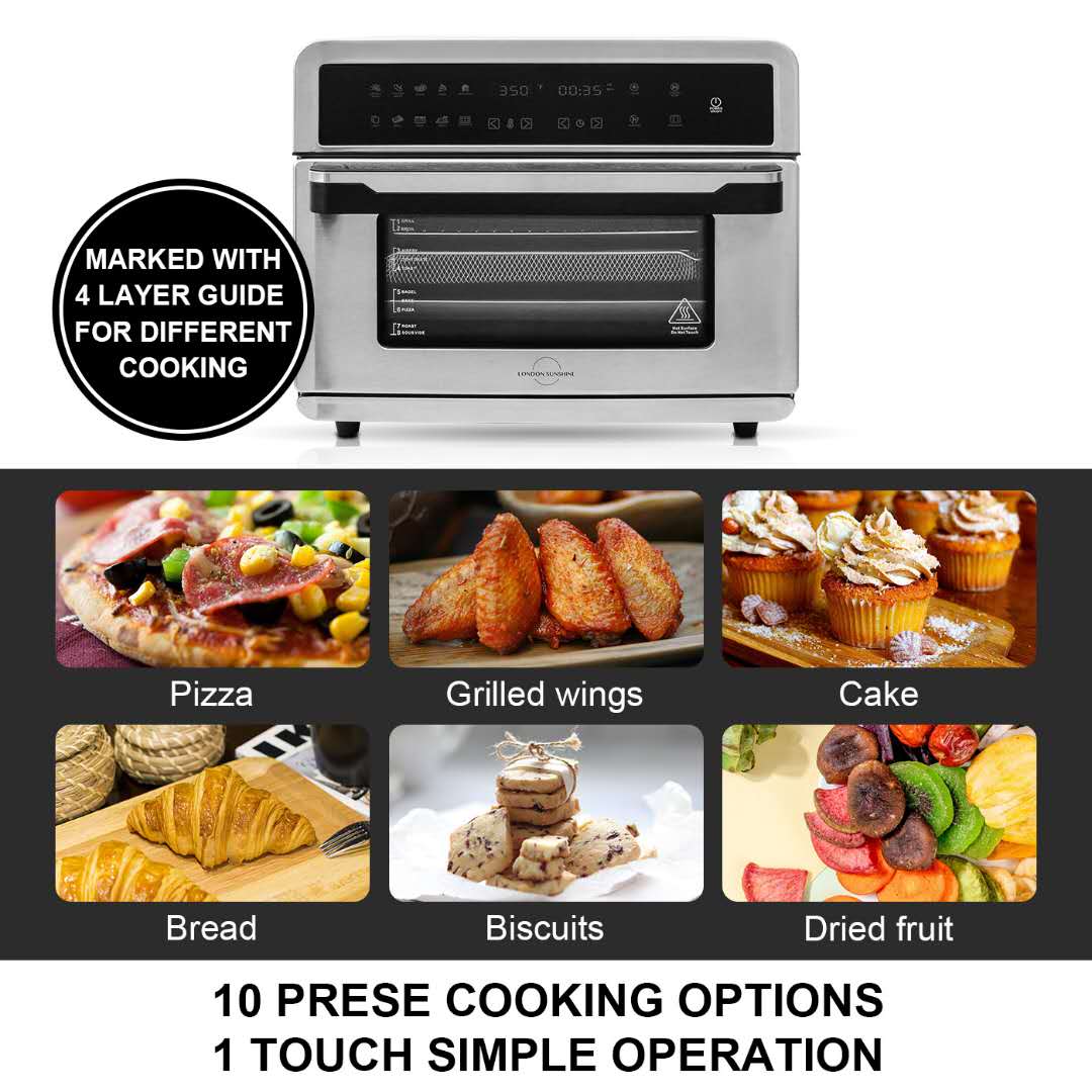 London Sunshine Multi-Function 26QT Air Fryer Convection Oven with 10 Preset Cooking Functions Best for French Fries, Chicken Wings, Steak, Pizza, Vegetables, Toast, Broil, Bake, Roast, Dehydrator - Fit 6 Slice Toast Bread